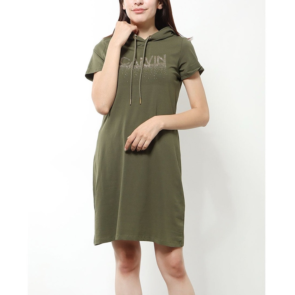 Calvin Klein Forest Green Hooded Gold Rhinestone Short Sleeve Tee Shirt Dress M